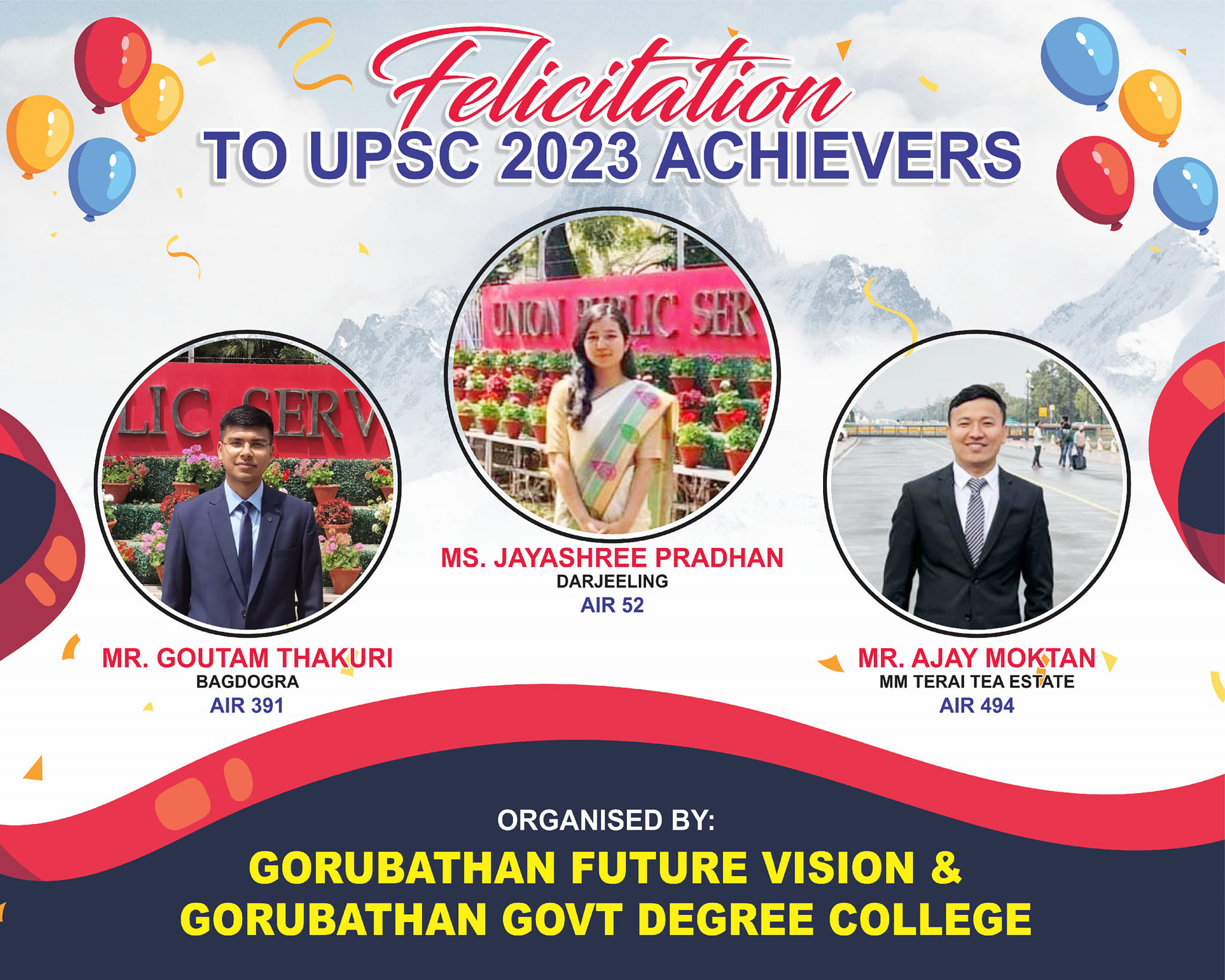 Gorubathan Future Vision and Gorubathan Government Degree College jointly felicitates the three UPSC successful candidates